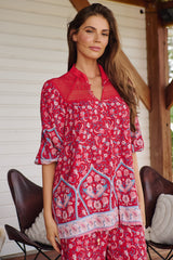 JAASE - Florence Blouse: Lace Shoulders Button Down Blouse in Ruby Rouge Print