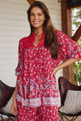 JAASE - Florence Blouse: Lace Shoulders Button Down Blouse in Ruby Rouge Print