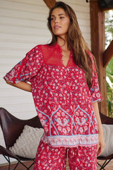 JAASE - Florence Blouse: Lace Shoulders Button Down Blouse in Ruby Rouge Print