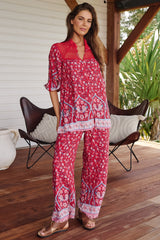 JAASE - Cici Pants: Mid Rise Relaxed Wide Leg Pant in Ruby Rouge Print