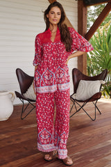 JAASE - Cici Pants: Mid Rise Relaxed Wide Leg Pant in Ruby Rouge Print