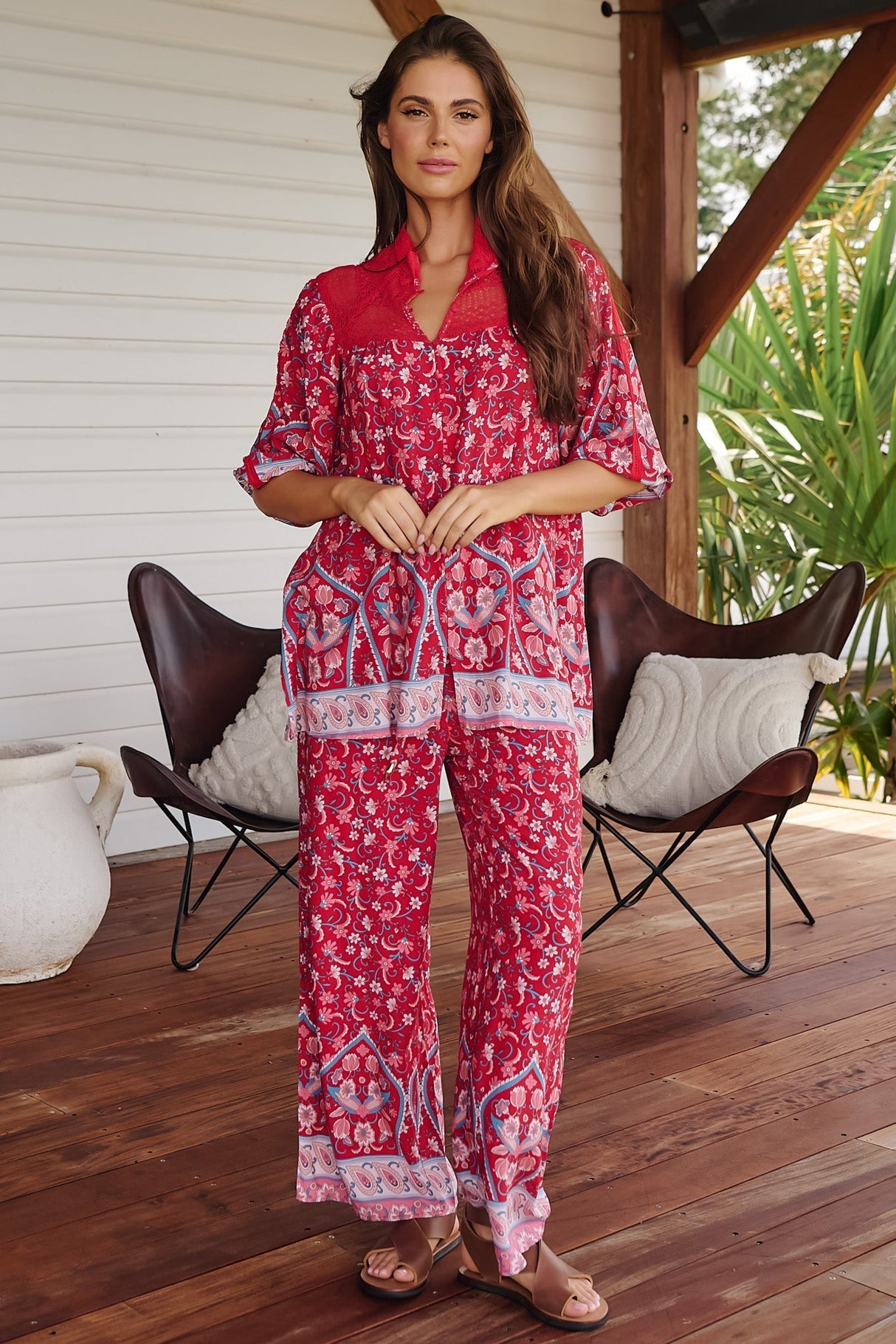 JAASE - Cici Pants: Mid Rise Relaxed Wide Leg Pant in Ruby Rouge Print