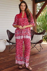 JAASE - Cici Pants: Mid Rise Relaxed Wide Leg Pant in Ruby Rouge Print