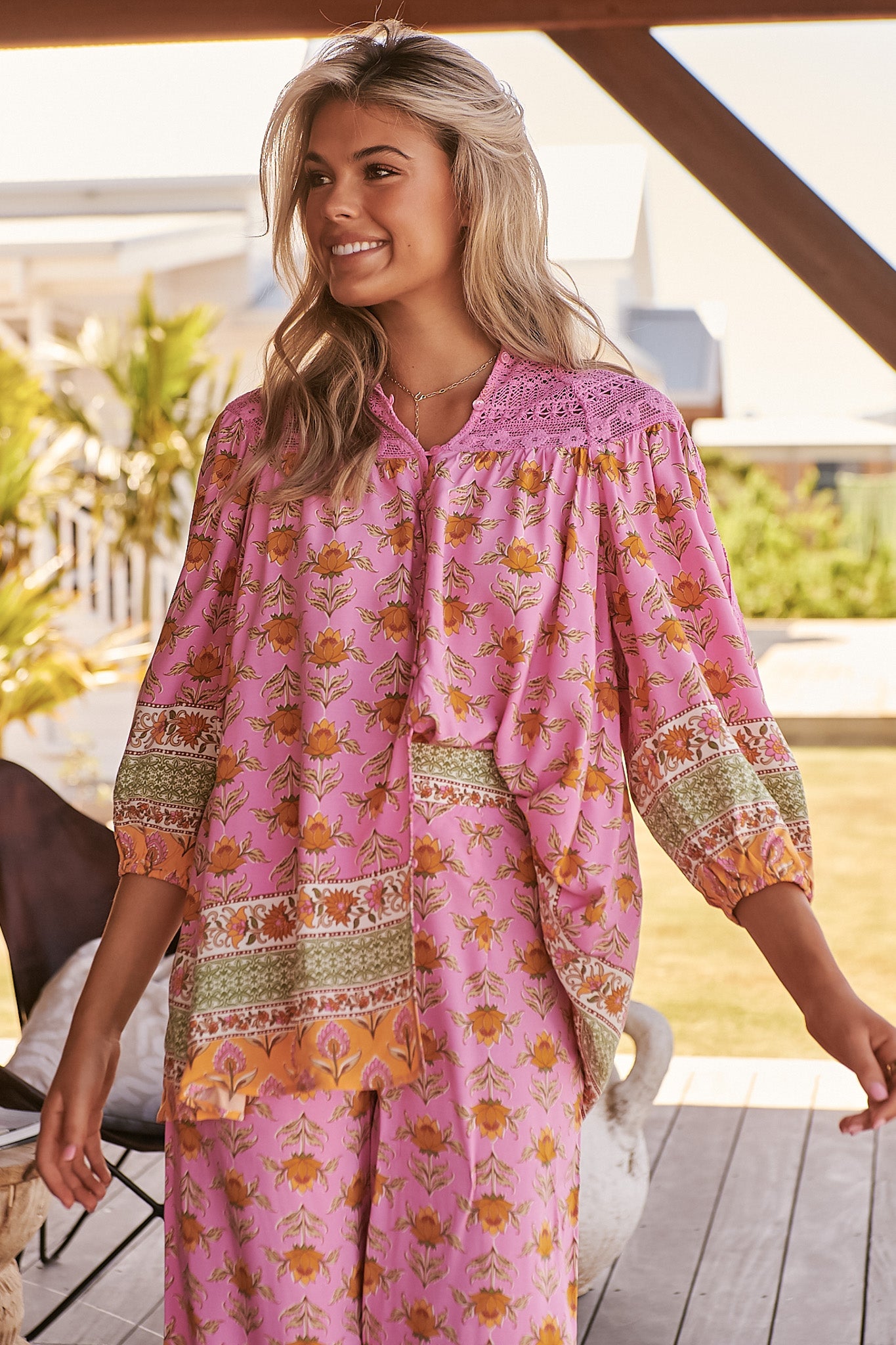 JAASE - Florence Blouse: Lace Shoulders Button Down Blouse in Blushing Meadow Print