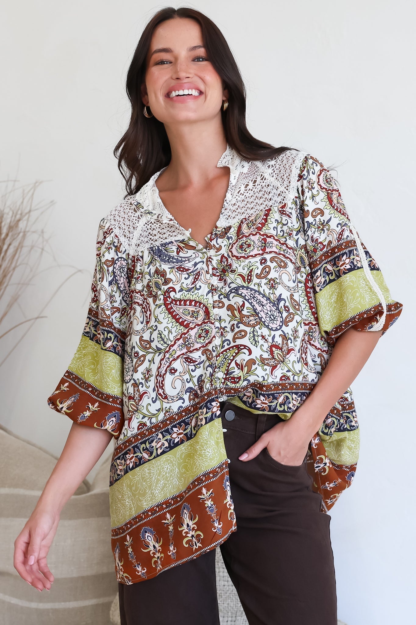 Florence Blouse Lace Detailed Button Down Relaxed Blouse Oakie Print