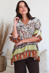 JAASE - Florence Blouse: Lace Detailed Button Down Relaxed Blouse in Oakie Print