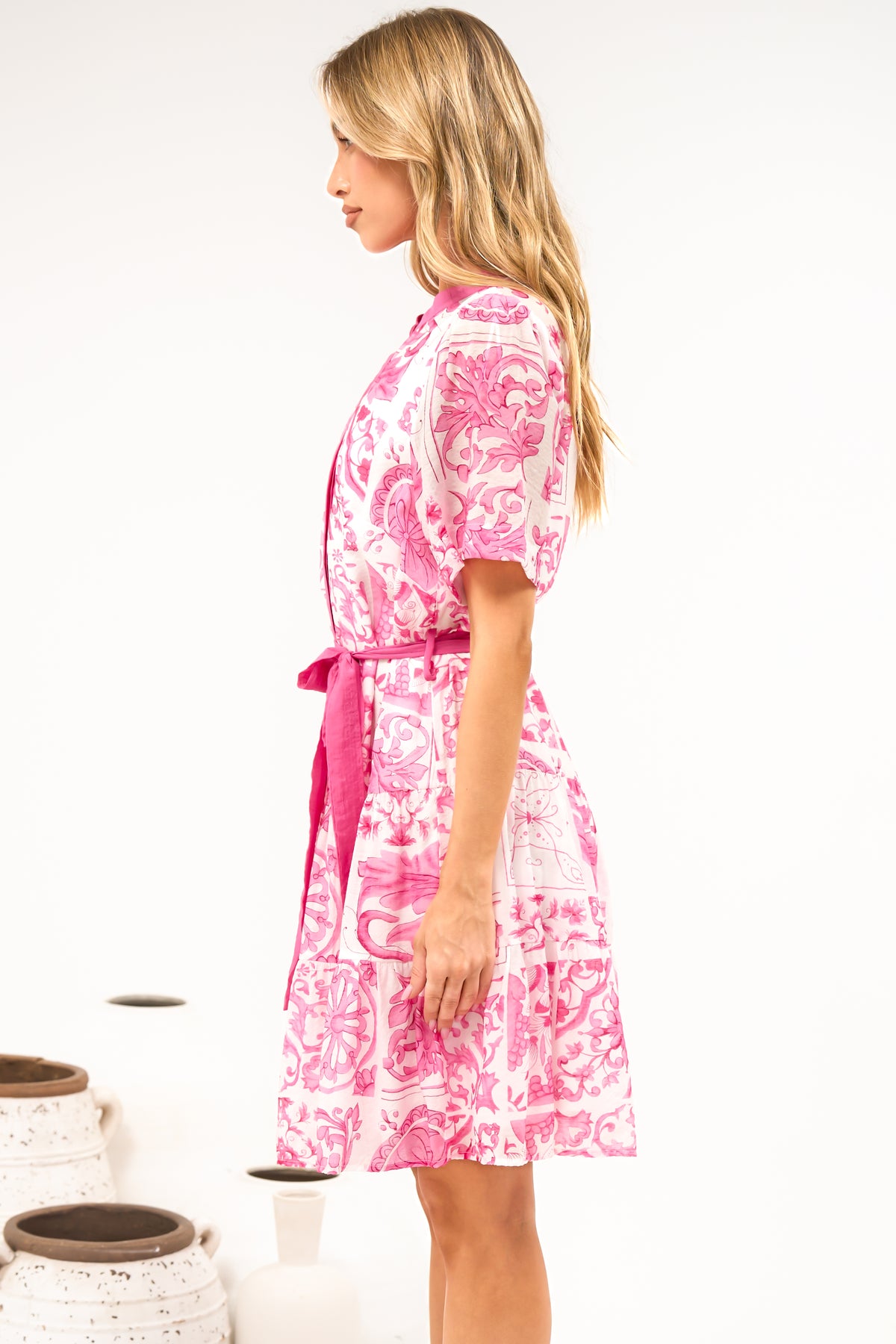 Floretta Mini Dress - Mandarin Collared Button Down Shirt Dress with Waist Tie in Fleurie Print