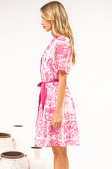 Floretta Mini Dress - Mandarin Collared Button Down Shirt Dress with Waist Tie in Fleurie Print