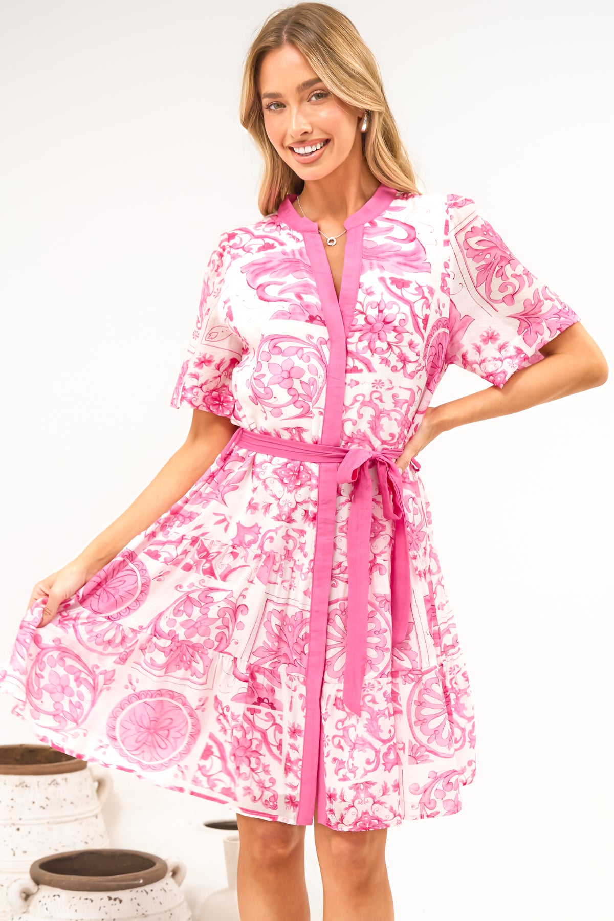 Floretta Mini Dress - Mandarin Collared Button Down Shirt Dress with Waist Tie in Fleurie Print