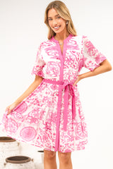 Floretta Mini Dress - Mandarin Collared Button Down Shirt Dress with Waist Tie in Fleurie Print