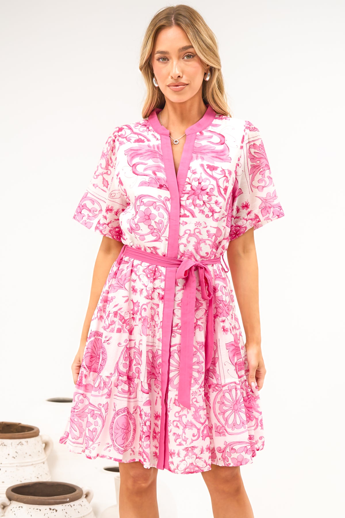 Floretta Mini Dress - Mandarin Collared Button Down Shirt Dress with Waist Tie in Fleurie Print