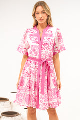 Floretta Mini Dress - Mandarin Collared Button Down Shirt Dress with Waist Tie in Fleurie Print