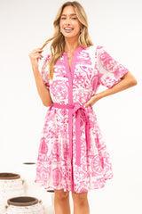 Floretta Mini Dress - Mandarin Collared Button Down Shirt Dress with Waist Tie in Fleurie Print