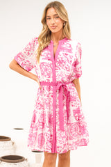 Floretta Mini Dress - Mandarin Collared Button Down Shirt Dress with Waist Tie in Fleurie Print