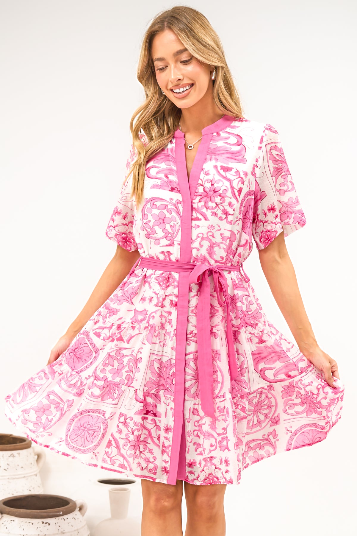 Floretta Mini Dress - Mandarin Collared Button Down Shirt Dress with Waist Tie in Fleurie Print