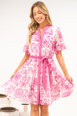 Floretta Mini Dress - Mandarin Collared Button Down Shirt Dress with Waist Tie in Fleurie Print