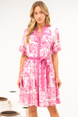 Floretta Mini Dress - Mandarin Collared Button Down Shirt Dress with Waist Tie in Fleurie Print