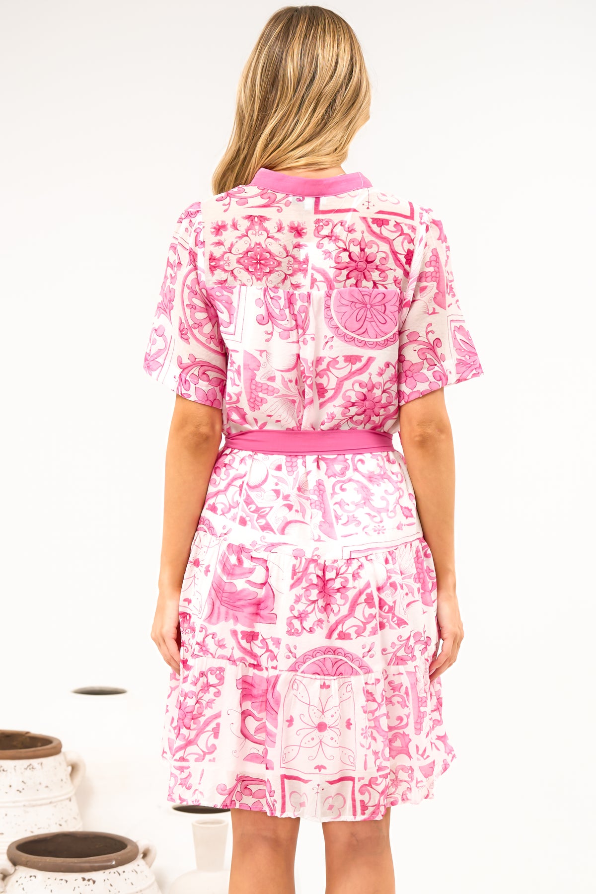 Floretta Mini Dress - Mandarin Collared Button Down Shirt Dress with Waist Tie in Fleurie Print