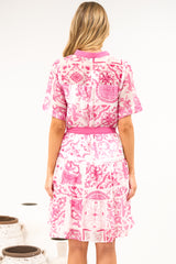 Floretta Mini Dress - Mandarin Collared Button Down Shirt Dress with Waist Tie in Fleurie Print