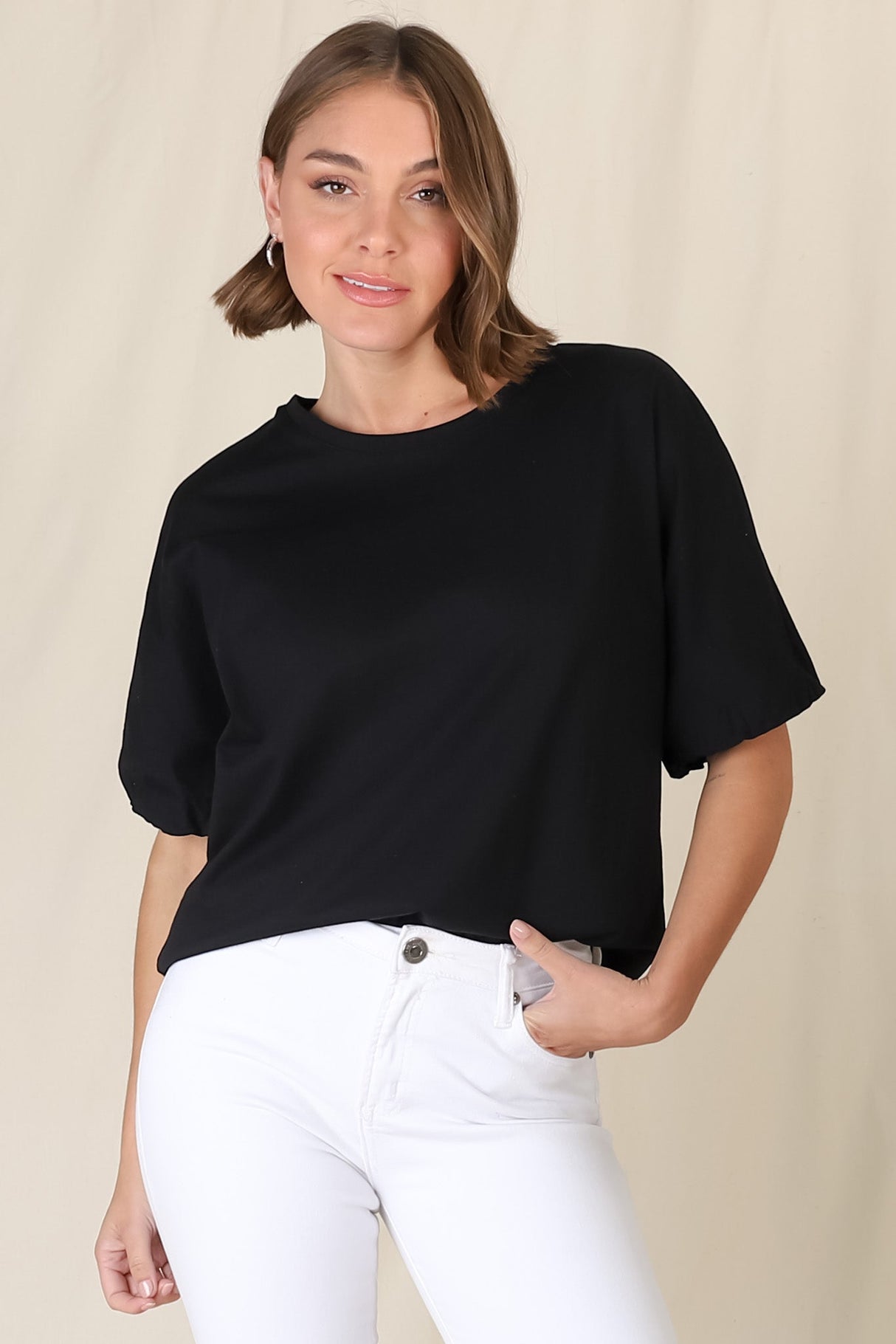 Flyn Top - Billow Sleeve Boxy Relaxed Tee in Black