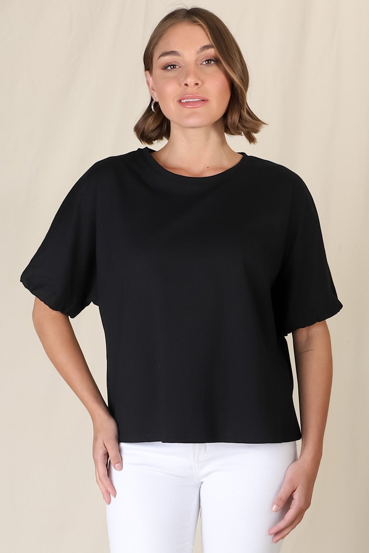 Flyn Top - Billow Sleeve Boxy Relaxed Tee in Black