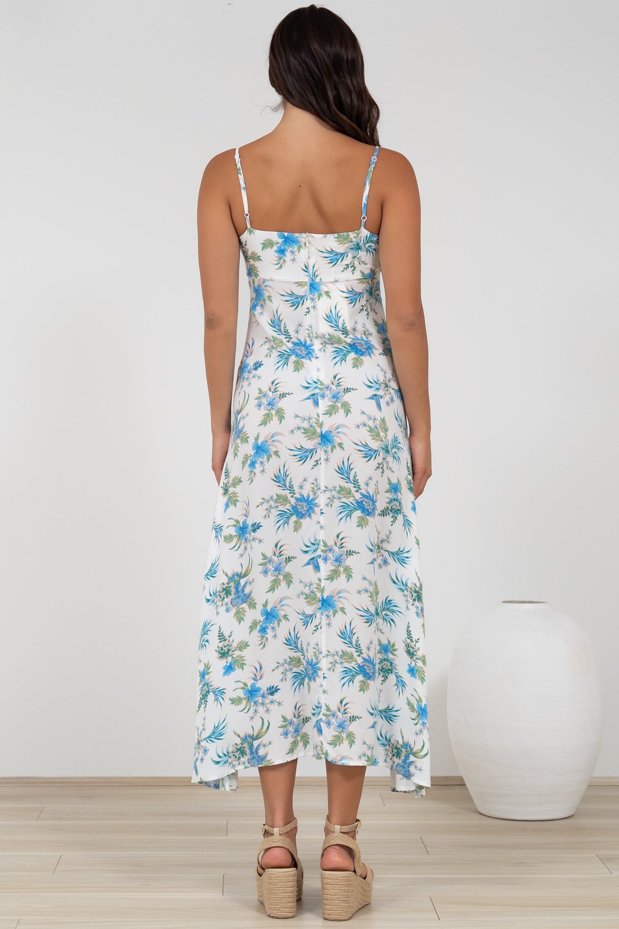 Foley Midi Dress - Tie Up Bodice Sun Dress with Adjustable Straps in Blue Bird Print