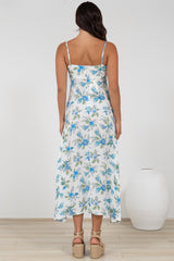 Foley Midi Dress - Tie Up Bodice Sun Dress with Adjustable Straps in Blue Bird Print