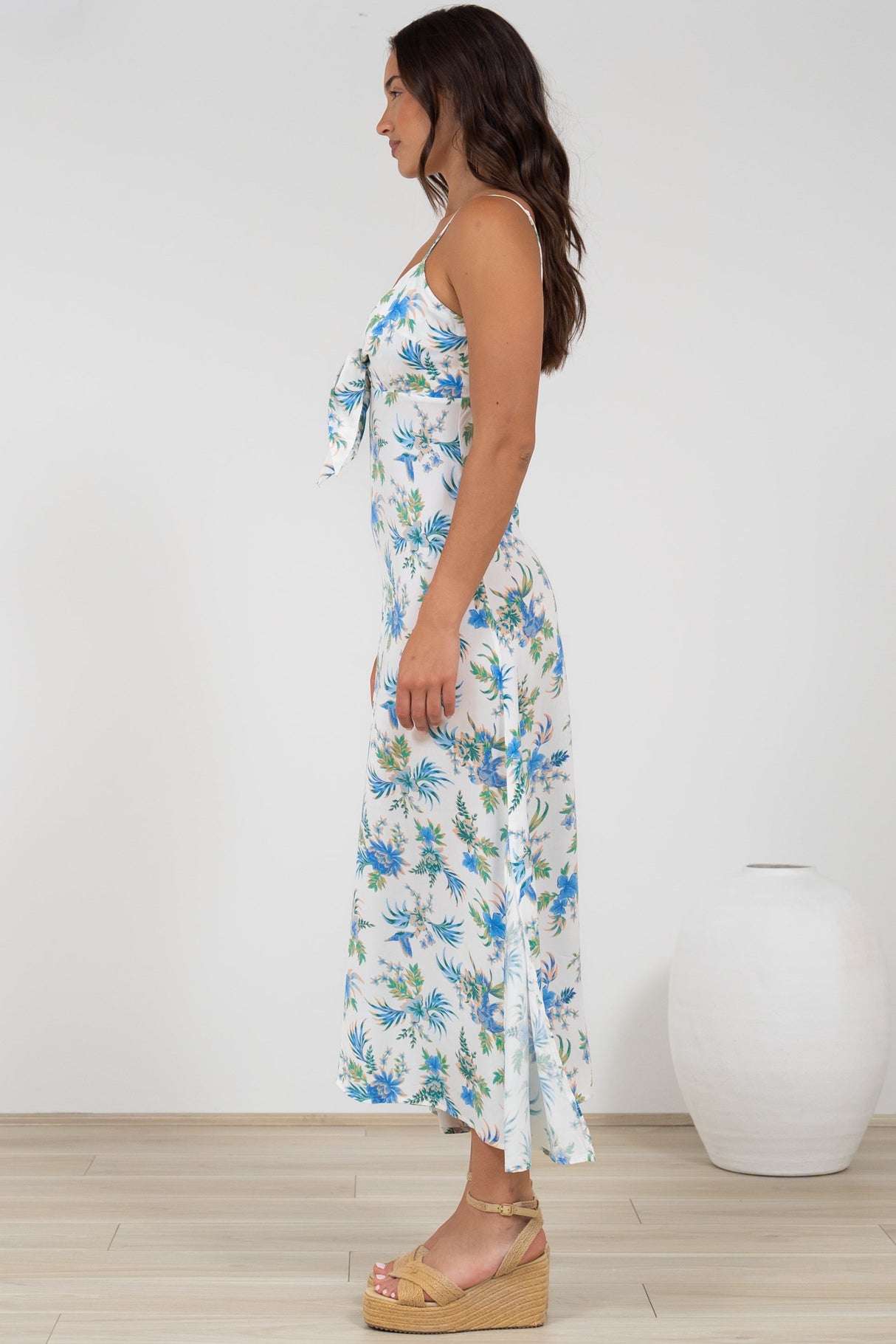 Foley Midi Dress - Tie Up Bodice Sun Dress with Adjustable Straps in Blue Bird Print