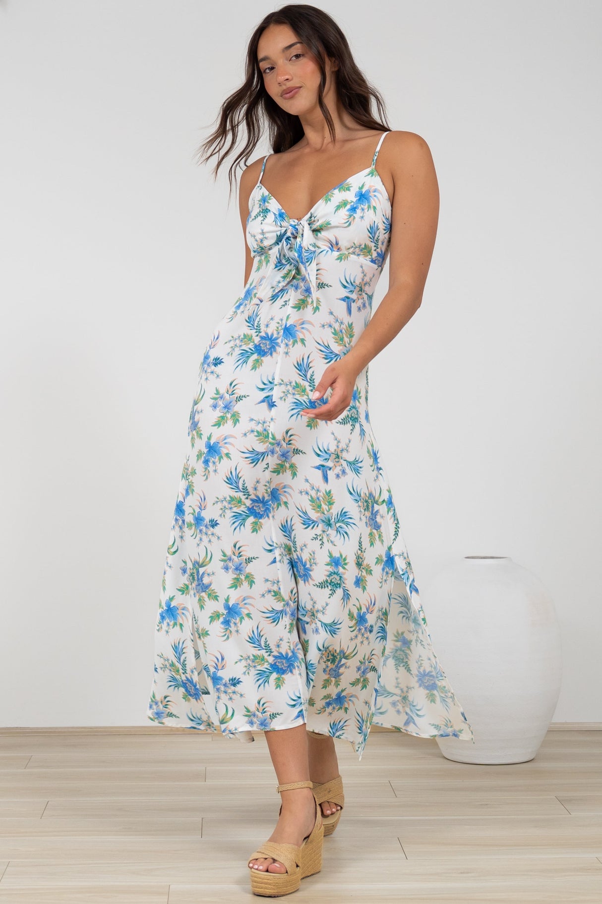 Foley Midi Dress - Tie Up Bodice Sun Dress with Adjustable Straps in Blue Bird Print