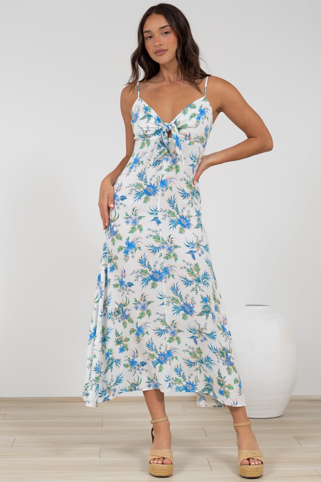 Foley Midi Dress - Tie Up Bodice Sun Dress with Adjustable Straps in Blue Bird Print