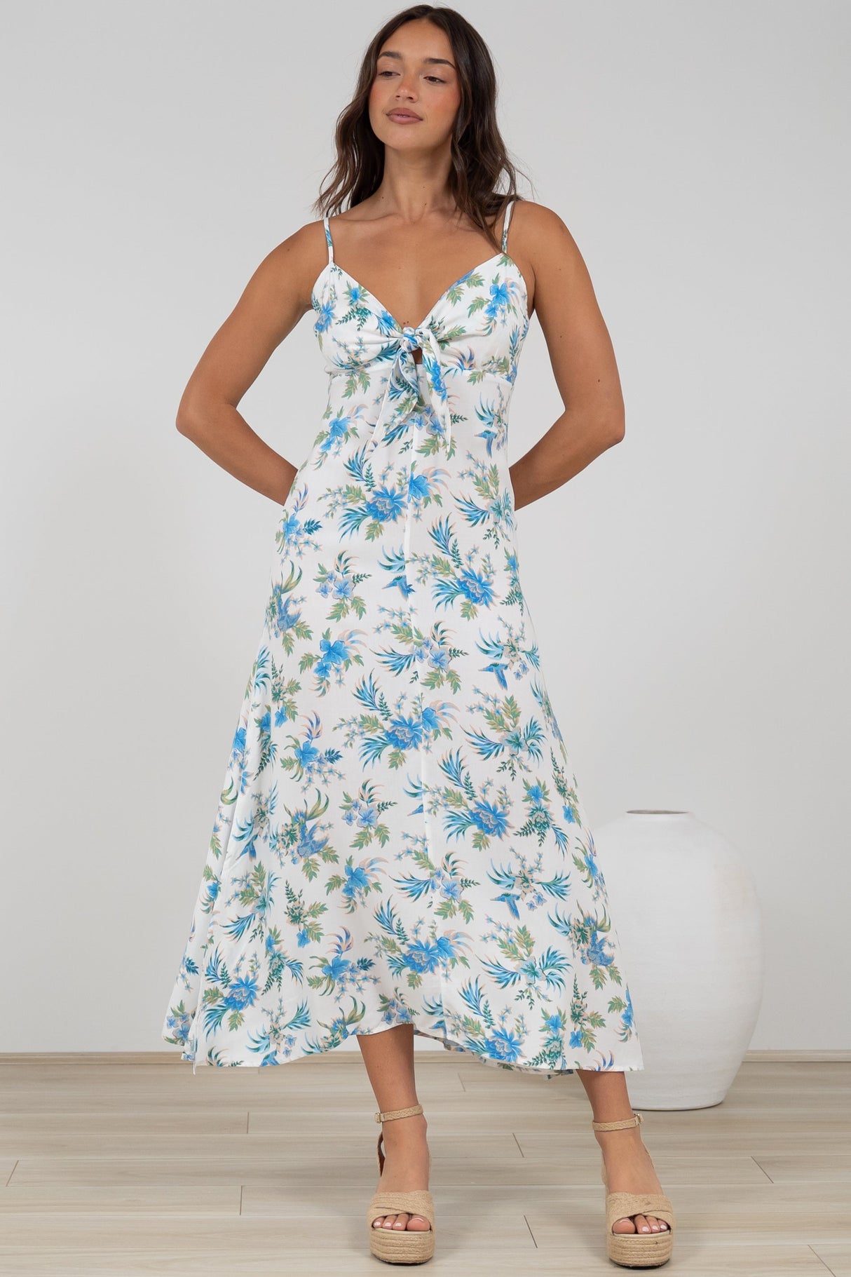 Foley Midi Dress - Tie Up Bodice Sun Dress with Adjustable Straps in Blue Bird Print