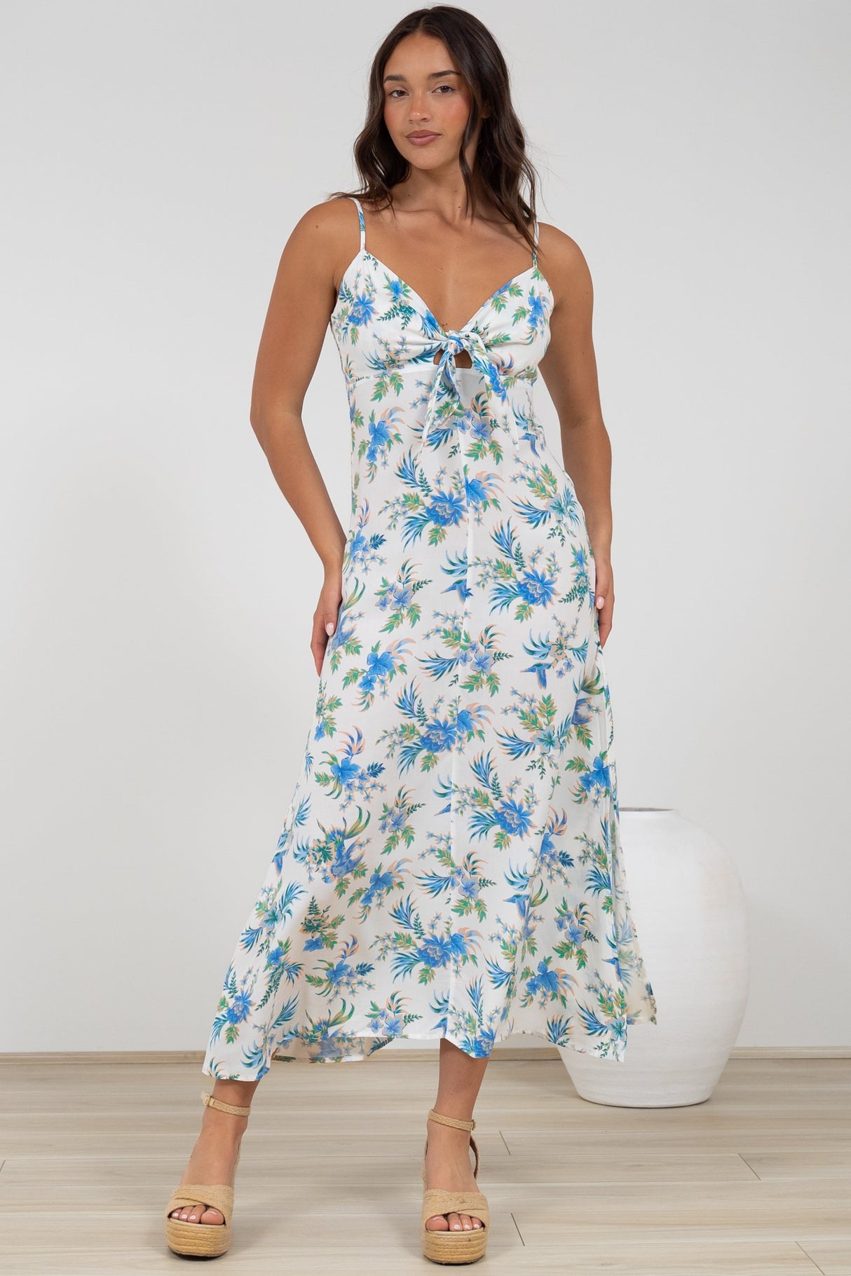 Foley Midi Dress - Tie Up Bodice Sun Dress with Adjustable Straps in Blue Bird Print