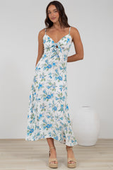 Foley Midi Dress - Tie Up Bodice Sun Dress with Adjustable Straps in Blue Bird Print