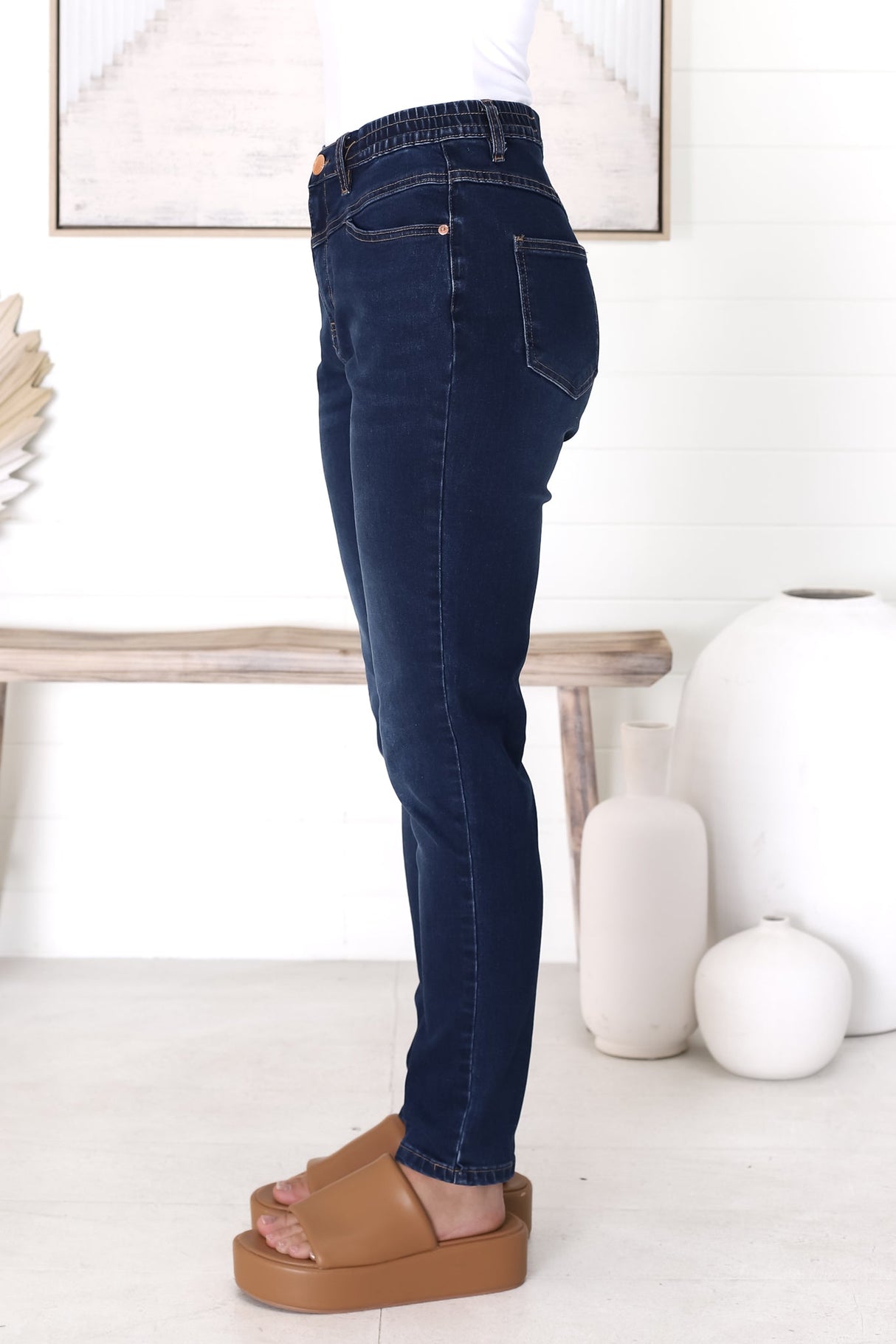 Fowley Jeans - Elasticated Waist Skinny Leg Jeans in Dark Denim