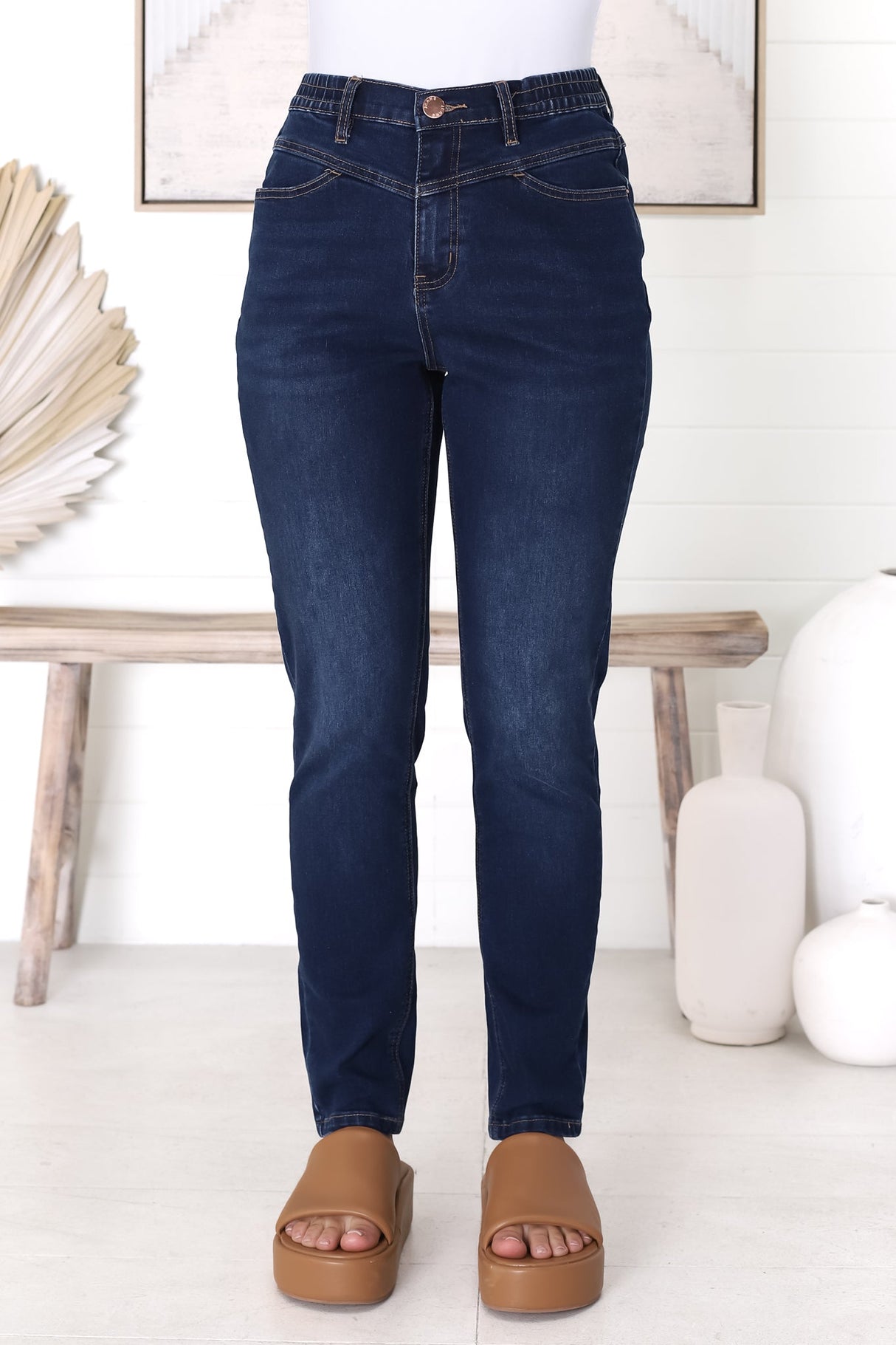 Fowley Jeans - Elasticated Waist Skinny Leg Jeans in Dark Denim