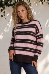 Model wearing Fowley Jumper in Pink/Chocolate from Salty Crush