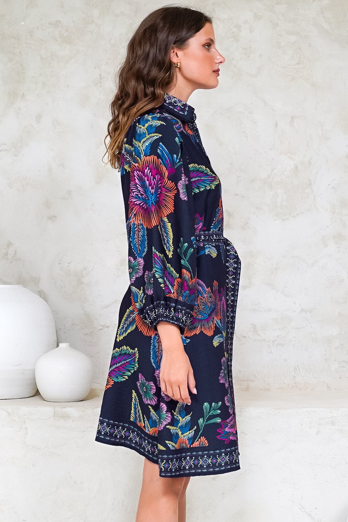 Francini Mini Dress - Collared Shirt Dress with Matching Belt in Elle Print Navy