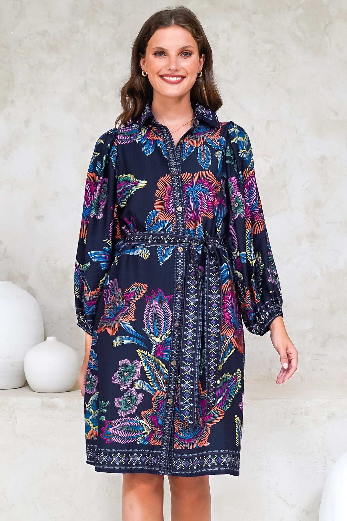 Francini Mini Dress - Collared Shirt Dress with Matching Belt in Elle Print Navy