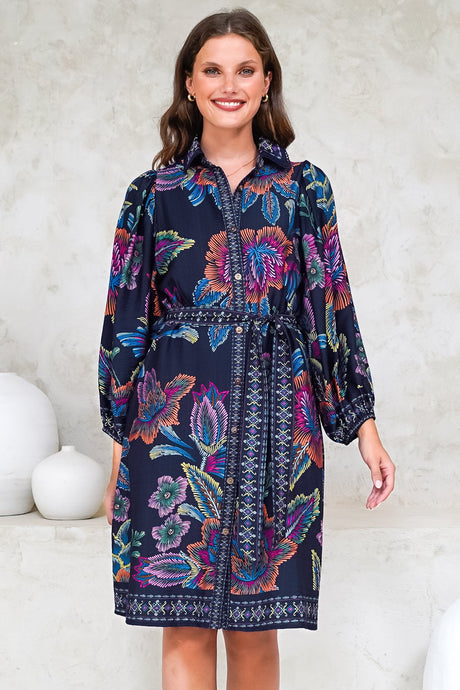 Francini Mini Dress - Collared Shirt Dress with Matching Belt in Elle Print Navy