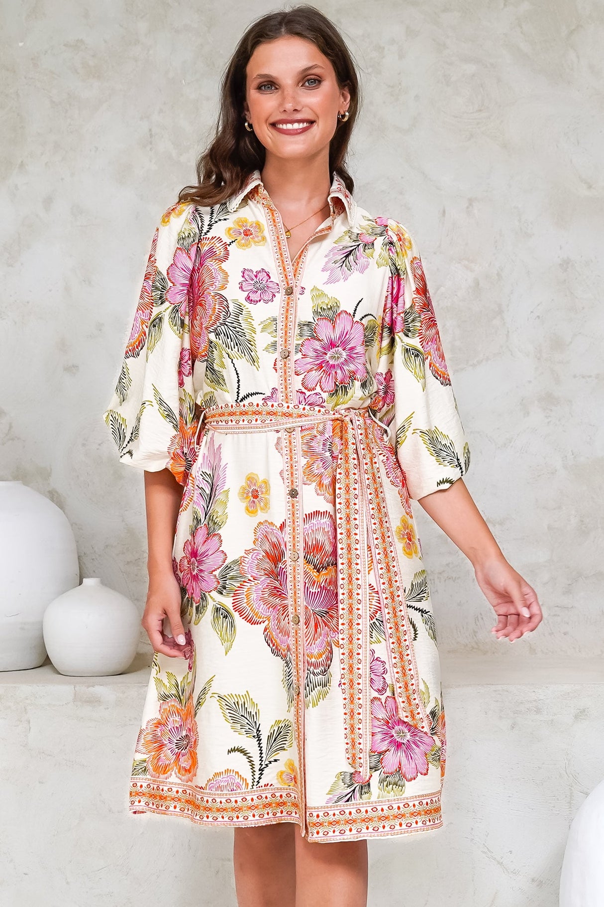 Francini Mini Dress - Collared Shirt Dress with Matching Belt in Elle Print Pink