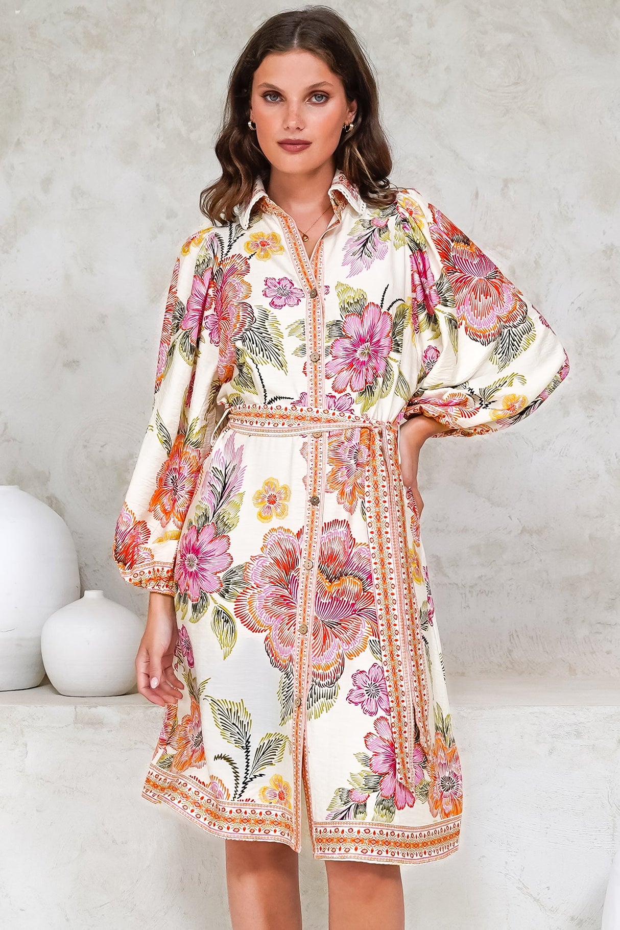 Francini Mini Dress - Collared Shirt Dress with Matching Belt in Elle Print Pink