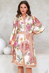 Francini Mini Dress - Collared Shirt Dress with Matching Belt in Elle Print Pink