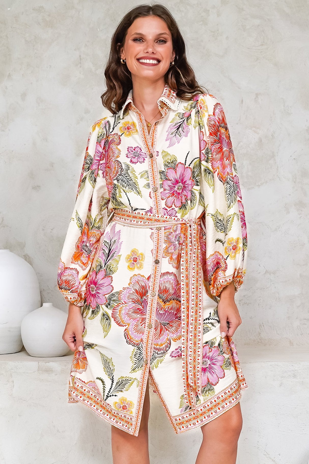 Francini Mini Dress - Collared Shirt Dress with Matching Belt in Elle Print Pink