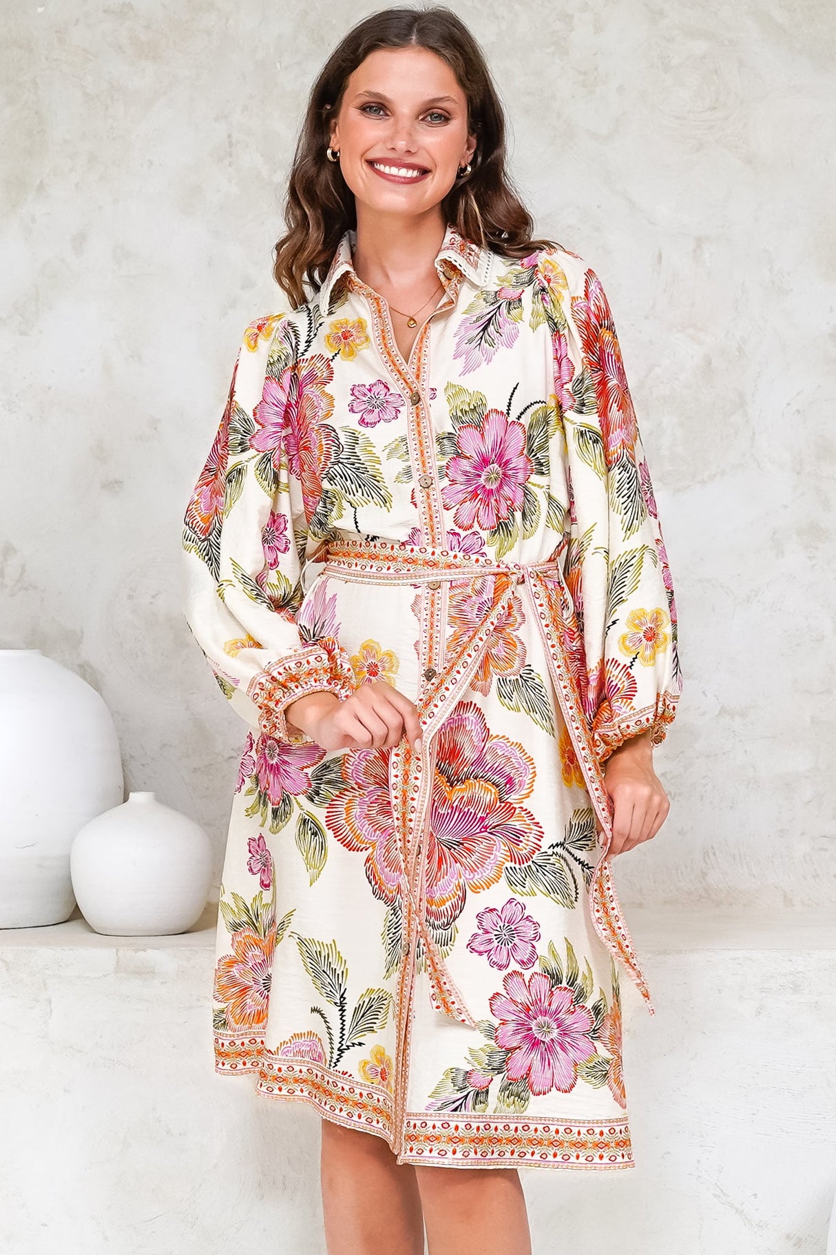 Francini Mini Dress - Collared Shirt Dress with Matching Belt in Elle Print Pink