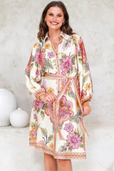 Francini Mini Dress - Collared Shirt Dress with Matching Belt in Elle Print Pink