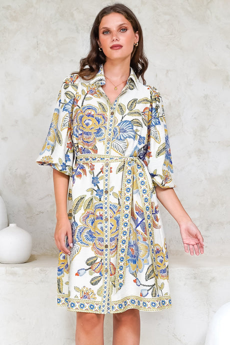 Francini Mini Dress - Collared Shirt Dress with Matching Belt in Elle Print White