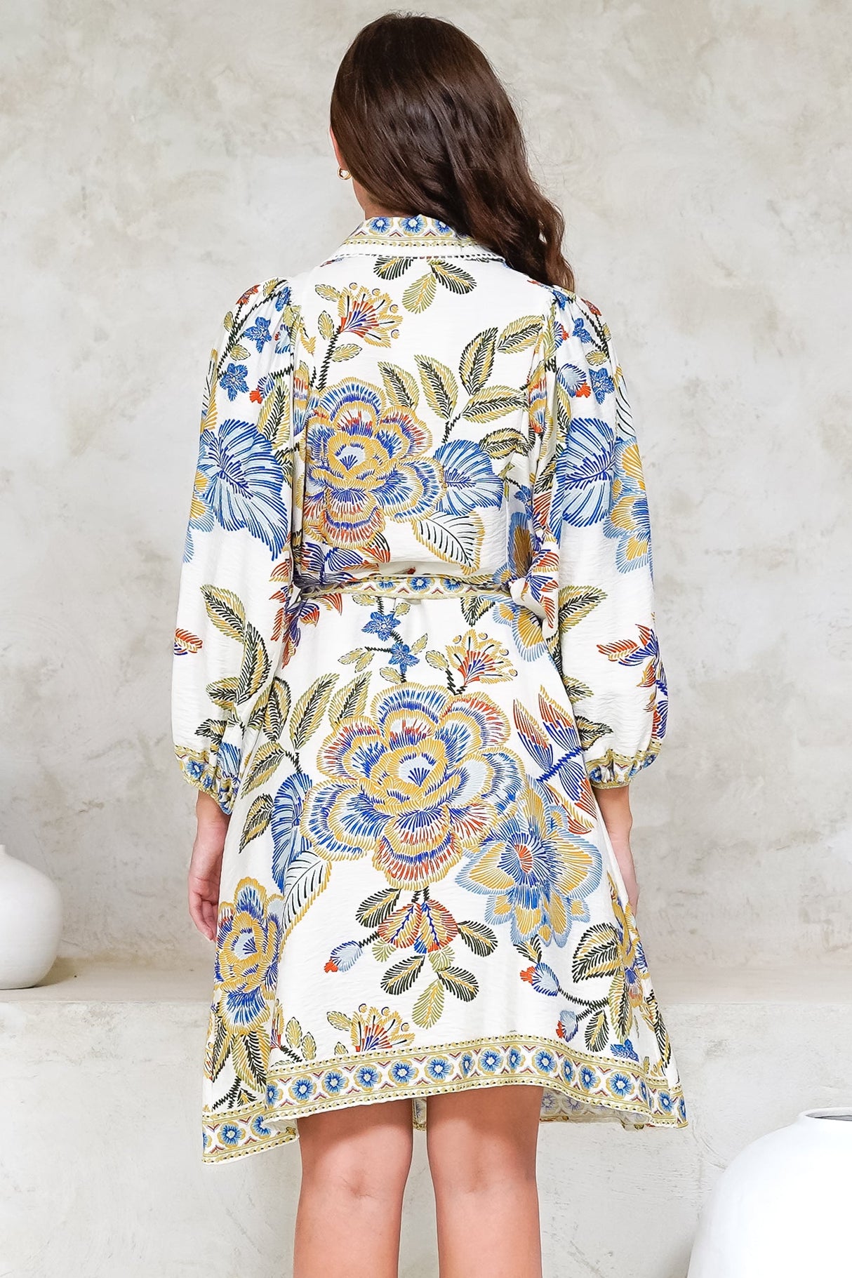 Francini Mini Dress - Collared Shirt Dress with Matching Belt in Elle Print White