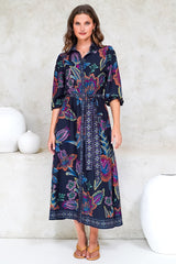 Francis Midi Dress - Collared Shirt Dress with Matching Belt in Elle Print Navy