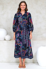 Francis Midi Dress - Collared Shirt Dress with Matching Belt in Elle Print Navy