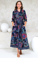 Francis Midi Dress - Collared Shirt Dress with Matching Belt in Elle Print Navy